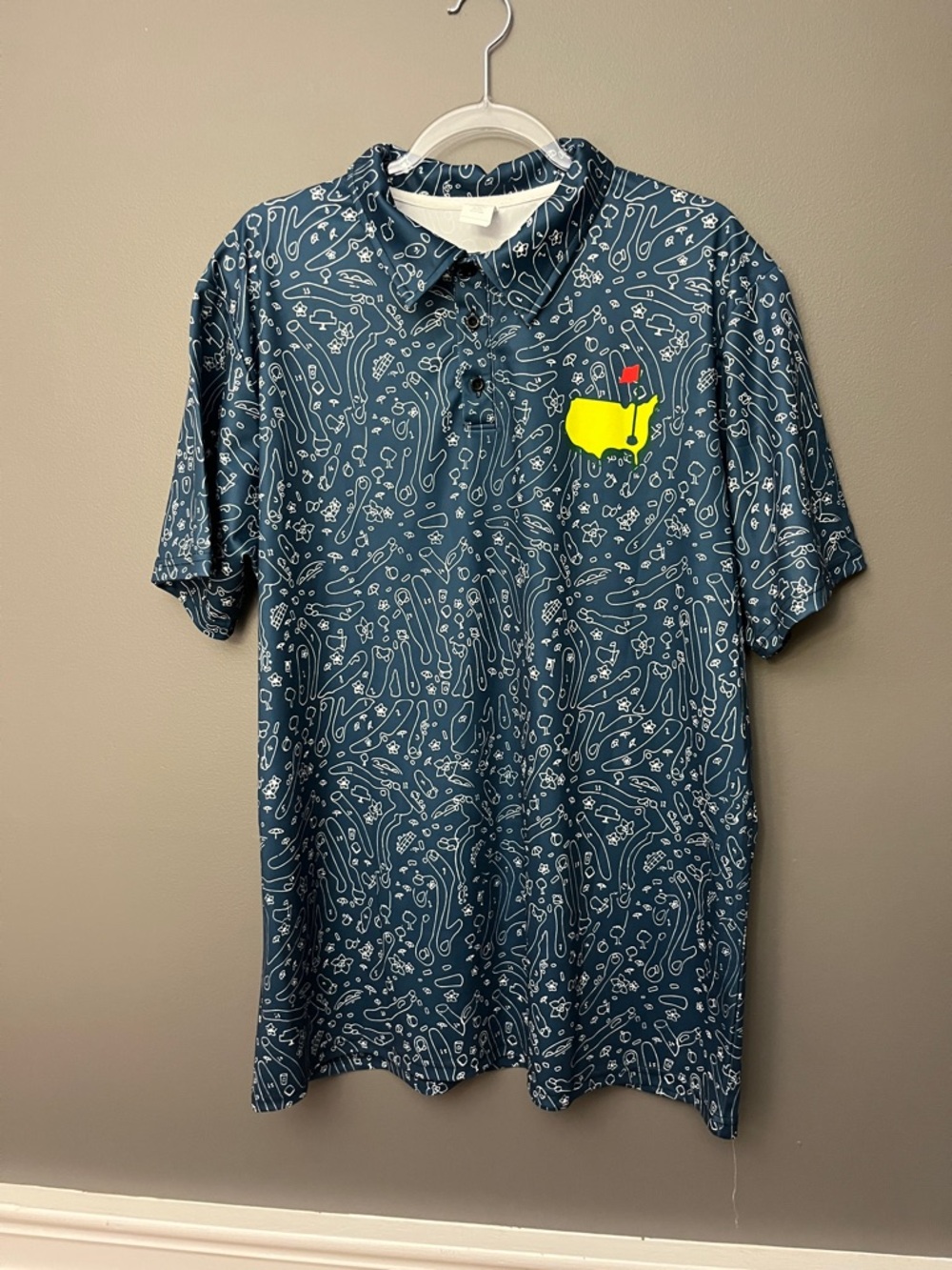 Men's Masters Golf Navy Patterned Polo Shirt with Yellow Accent Logo - Size XL